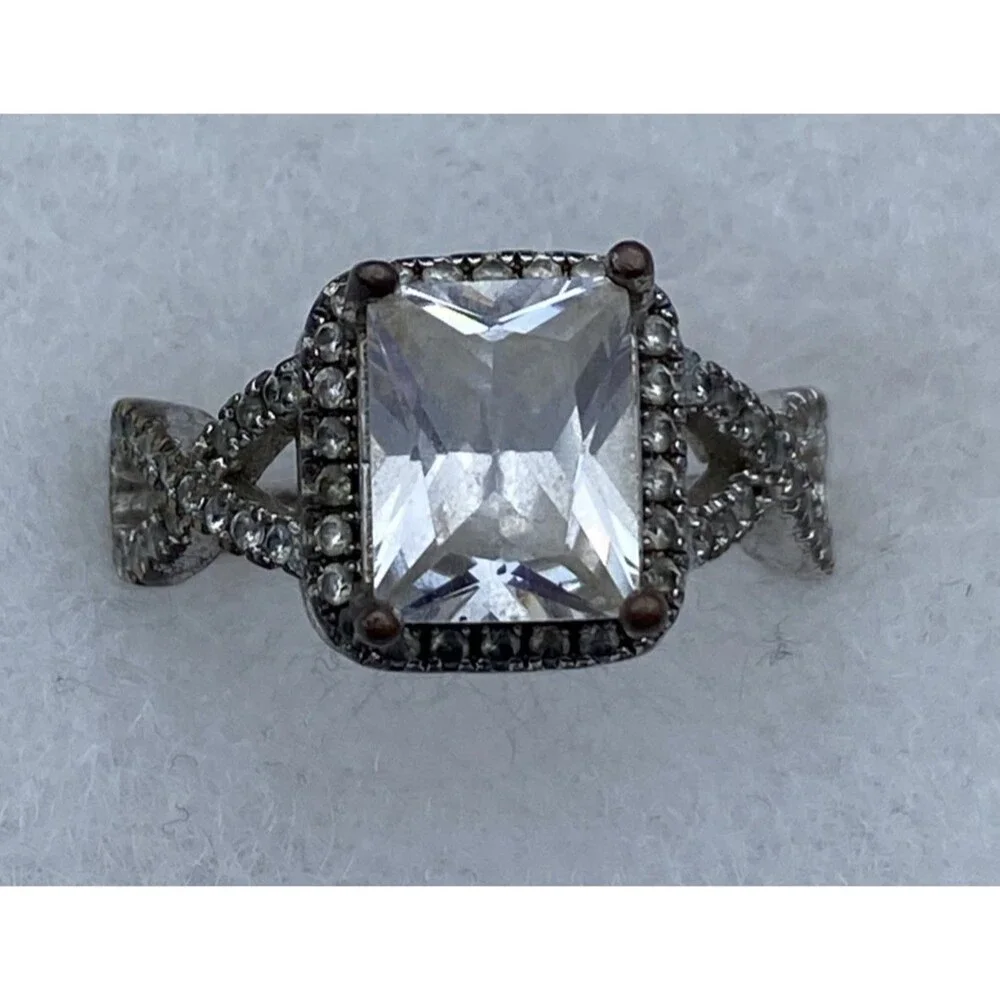 Large Emerald Cut Clear CZ Halo Infinity Ring Size 8 S925 Marked Costume Jewelry